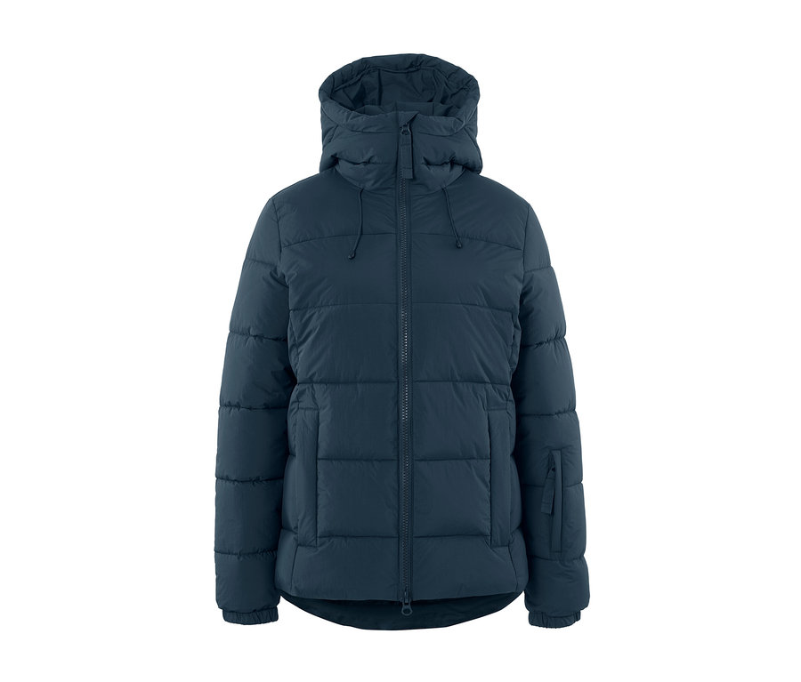 Tmavomodrá lyžiarska prešívaná bunda s kapucňou.