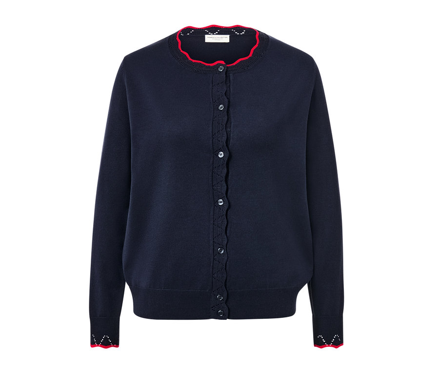 Tmavomodrý kardigán z jemného úpletu so zvlneným červeným lemom.