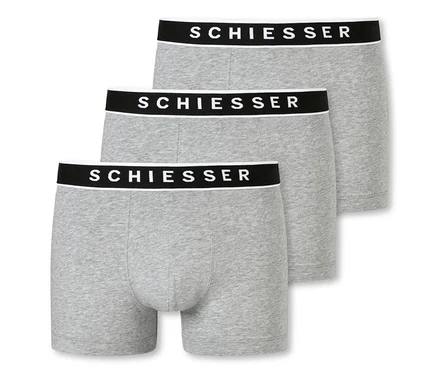 Troje sivých melírovaných boxeriek SCHIESSER s biobavlnou v rade za sebou.