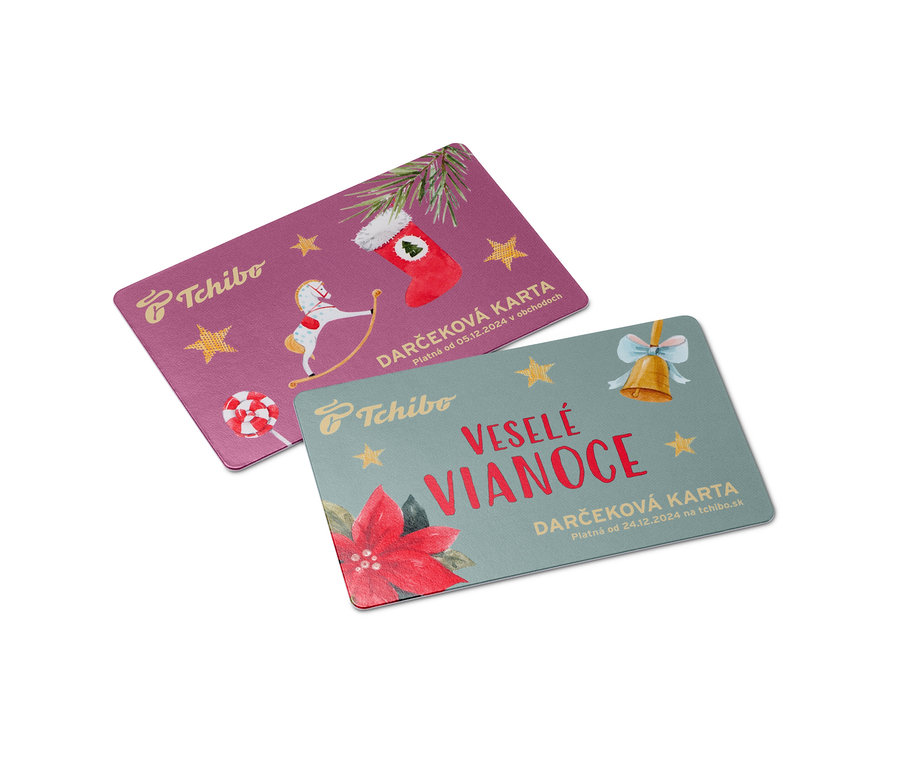 Dve darčekové karty Tchibo s vianočnými motívmi, Adventný kalendár Tchibo.