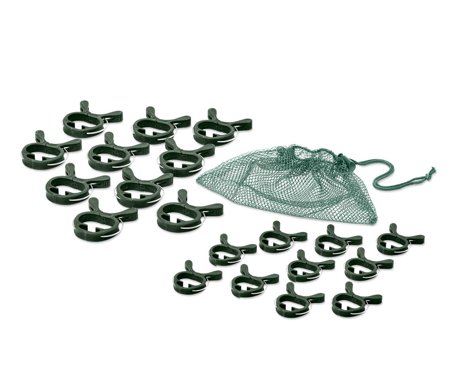 Rozložené zelené svorky na rastliny, 20 ks, a sieťovaná taška so sťahovacou šnúrkou.