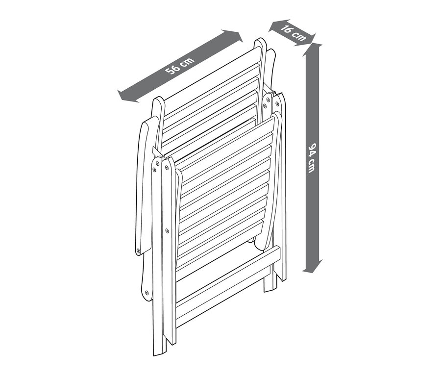 Nákres stoličky z tíkového dreva s vysokým nastaviteľným operadlom, výška 94 cm, šírka 56 cm, hĺbka 16 cm.