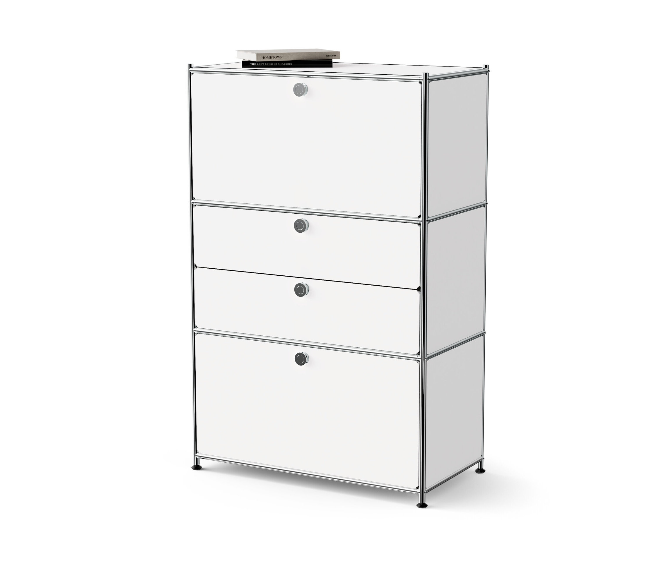 Biela kovová komoda »CN3« s 2 výklopnými priečinkami a 2 zásuvkami.