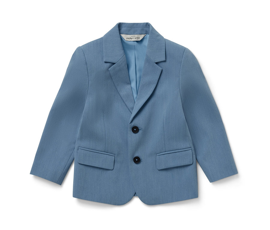 Modré detské sako leží na bielom pozadí.