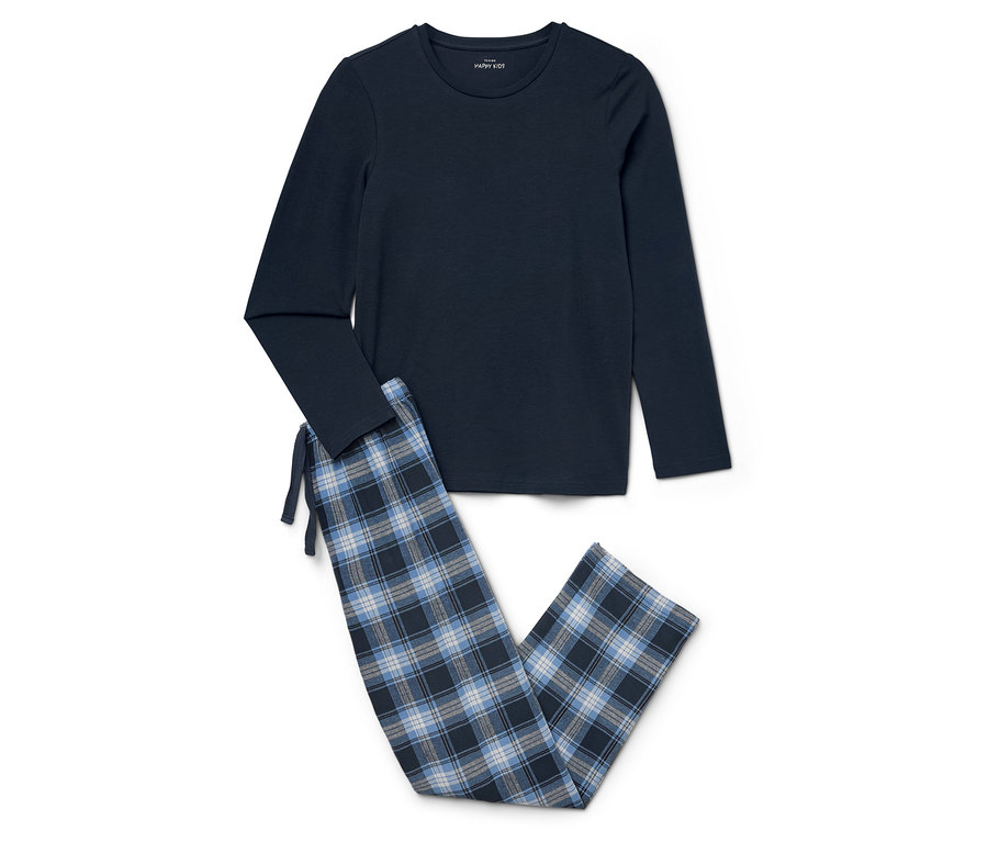 Tmavo-modré pyžamo s kockovanými nohavicami leží na bielom pozadí.