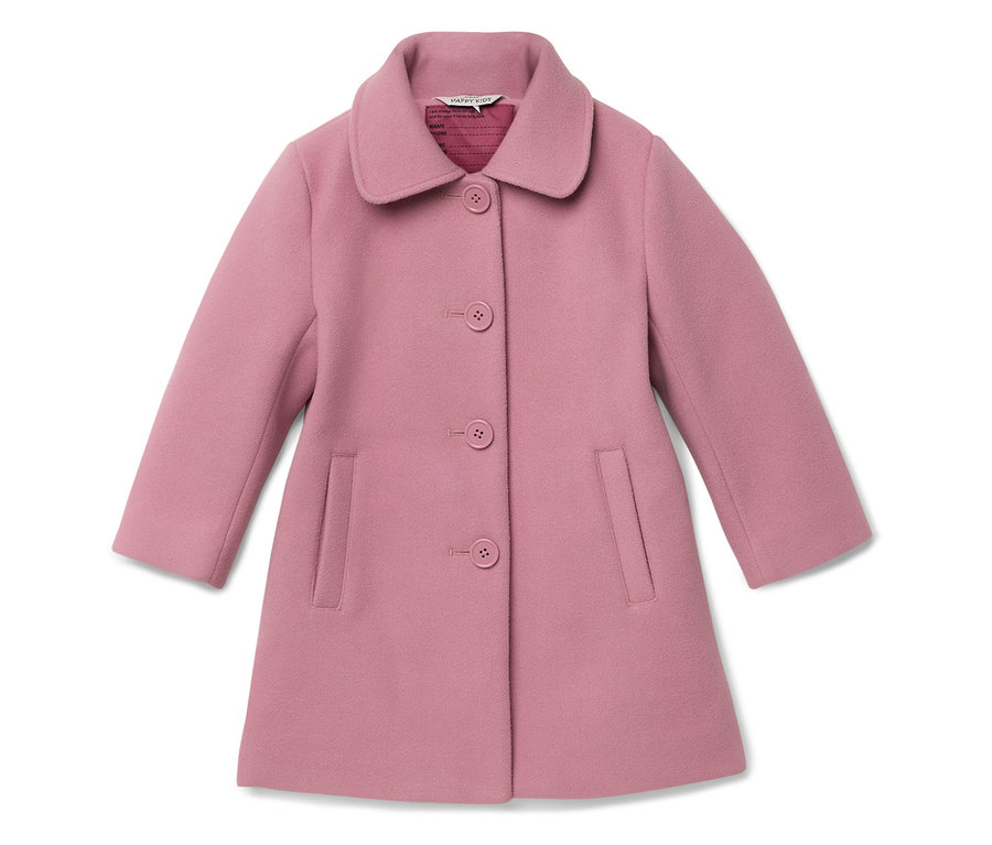 Ružový kabát s golierom, zapínaním na gombíky a vreckami.