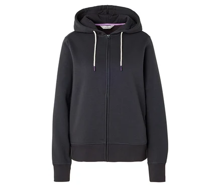 Tmavomodrá mikina na zips s kapucňou a bielymi šnúrkami.