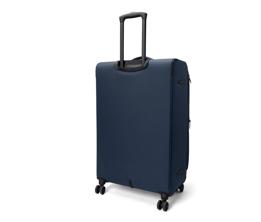 Detailný pohľad na veľký textilný kufor s výsuvnou rukoväťou.