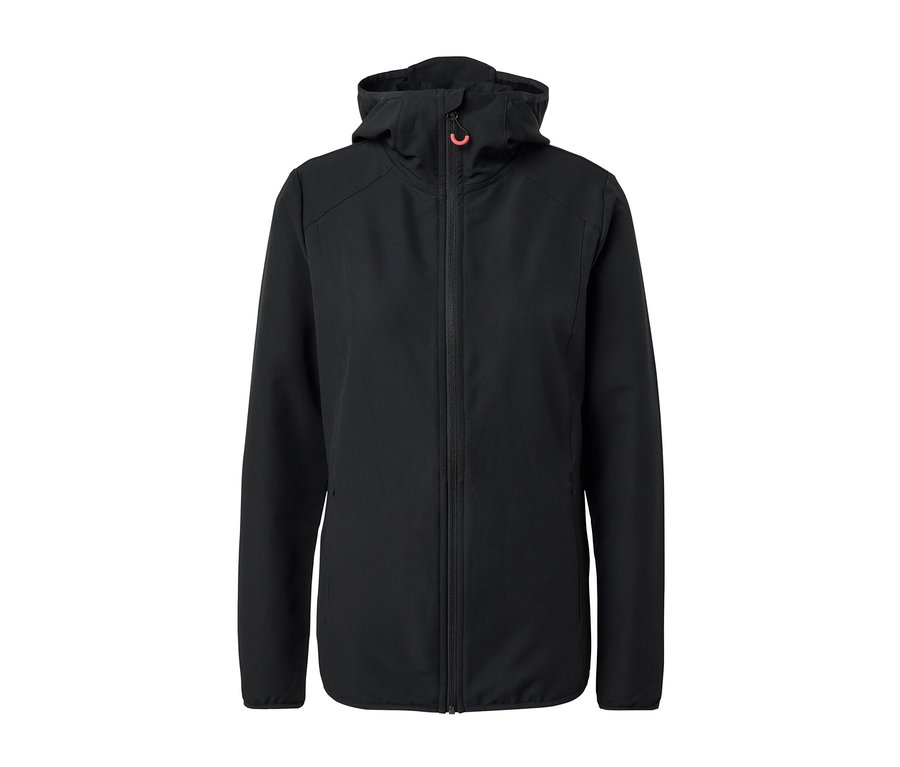 Čierna softshellová bunda na zips s kapucňou.