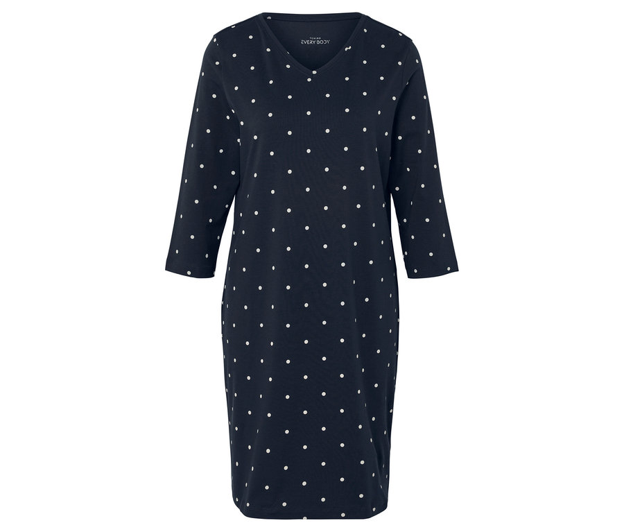 Modré šaty s bielymi bodkami a 3/4 rukávmi.