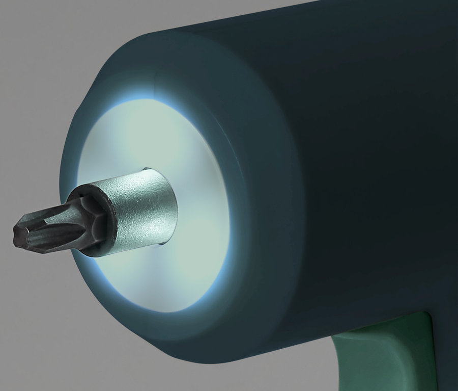 Detail mini akumulátorového skrutkovača 3,6 V s osvetleným bitom.