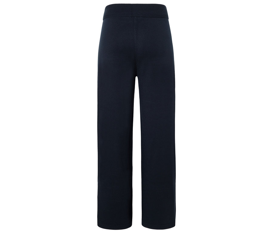 Tmavo modré široké pletené nohavice s elastickým pásom.