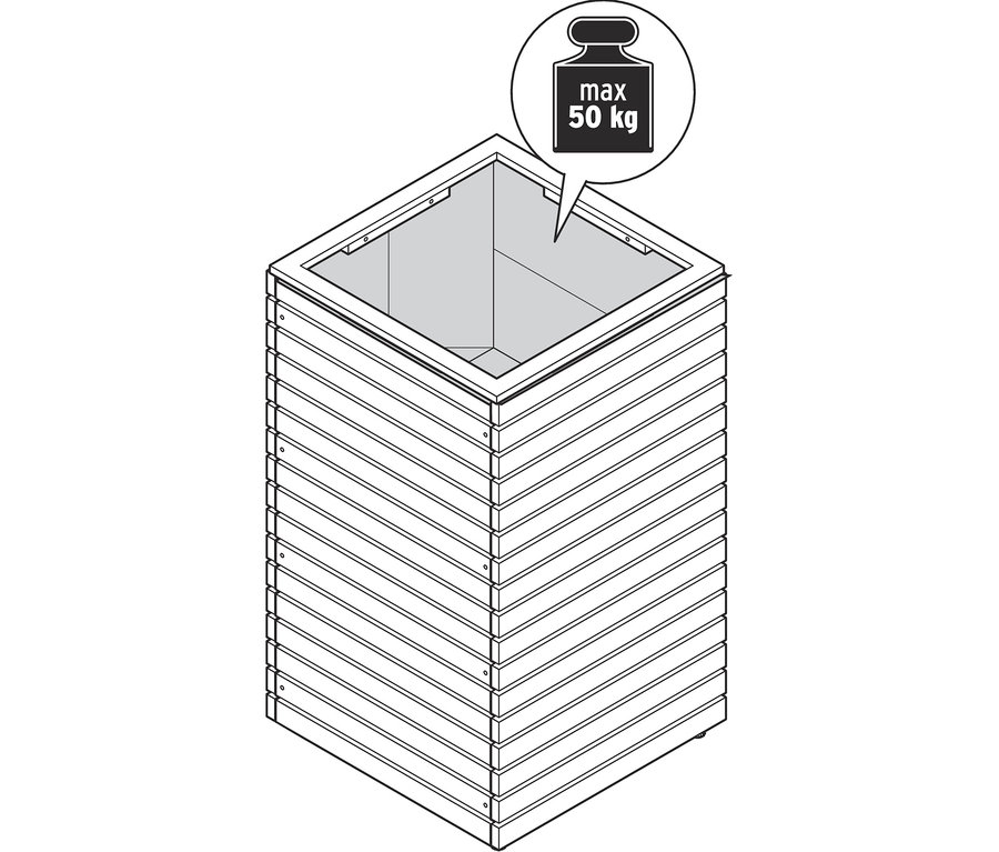Nákres vysokého kvetináča Tinus s maximálnou nosnosťou 50 kg.