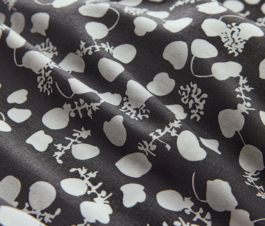 Detailný záber na látku s bielymi kvetmi a bodkami na tmavom pozadí.