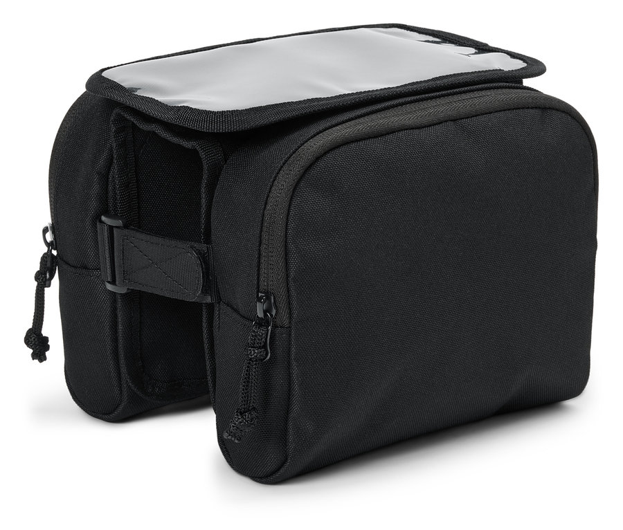 Čierna taška na riadidlá bicykla s priehľadným vekom.