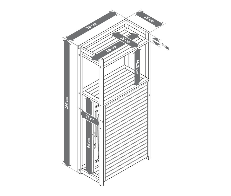 Náčrt balkónovej jedálenskej súpravy »Lenja« s regálom a uvedenými rozmermi.