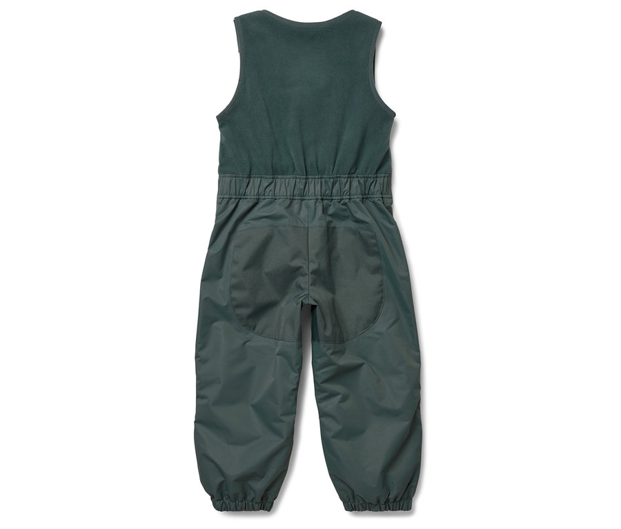 Zadný pohľad na zelené detské nohavice s náprsenkou.