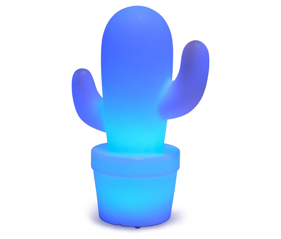 Svietiaci modrý kaktus v modrom kvetináči.