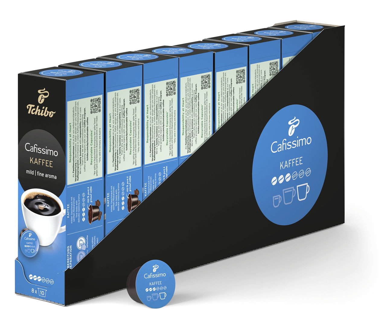 Rady balení Cafissimo Kaffee mild. Vpredu leží kapsula.