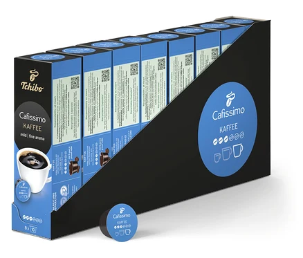 Rady balení Cafissimo Kaffee mild. Vpredu leží kapsula.