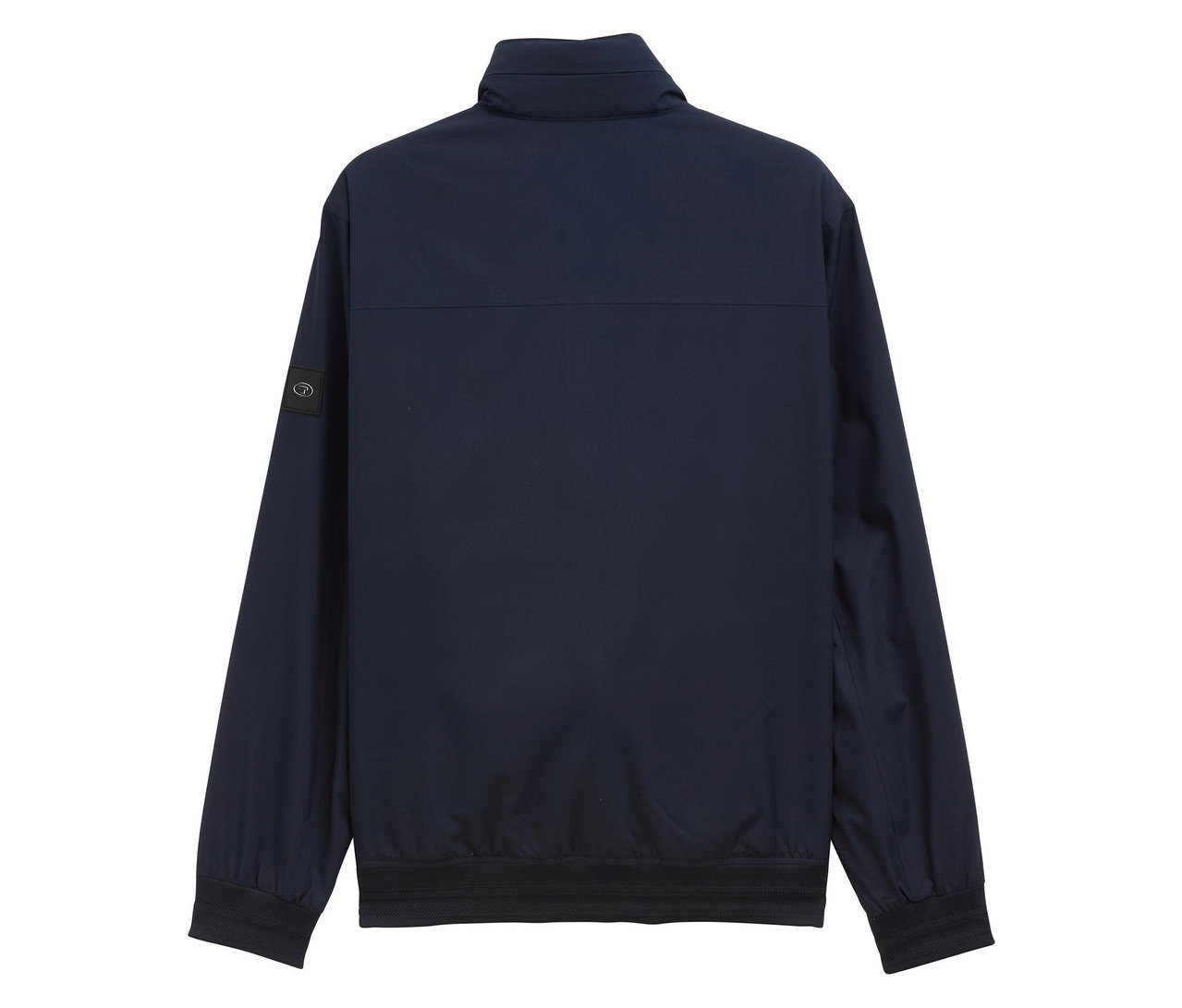 Tmavomodrá bunda so zipsom a stojatým golierom, pohľad zozadu.