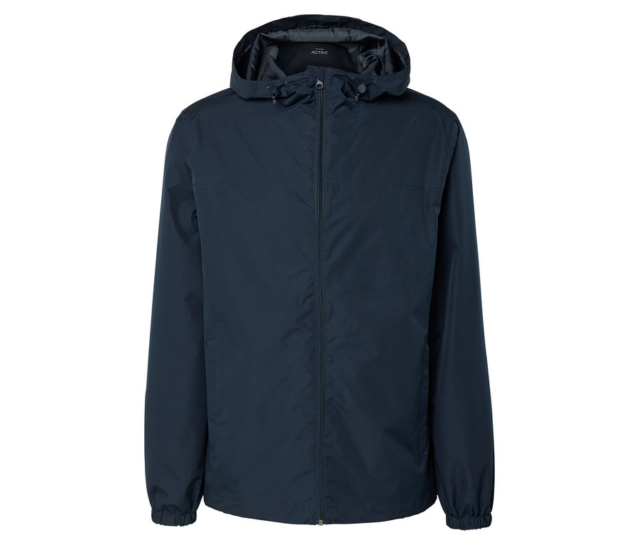 Na bielom pozadí je zobrazená tmavomodrá bunda s kapucňou.