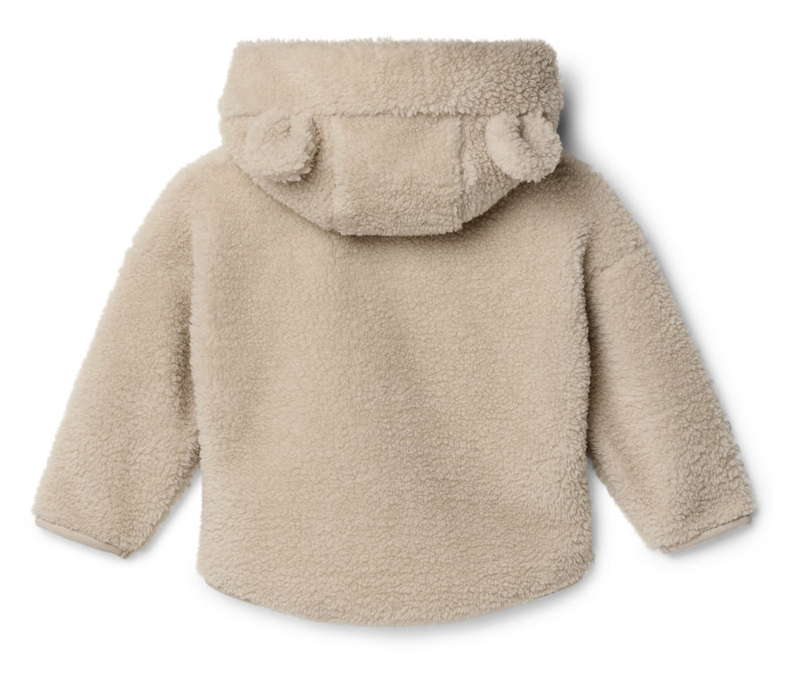 Pohľad zozadu na svetlohnedú bundu teddy s kapucňou a ušami.