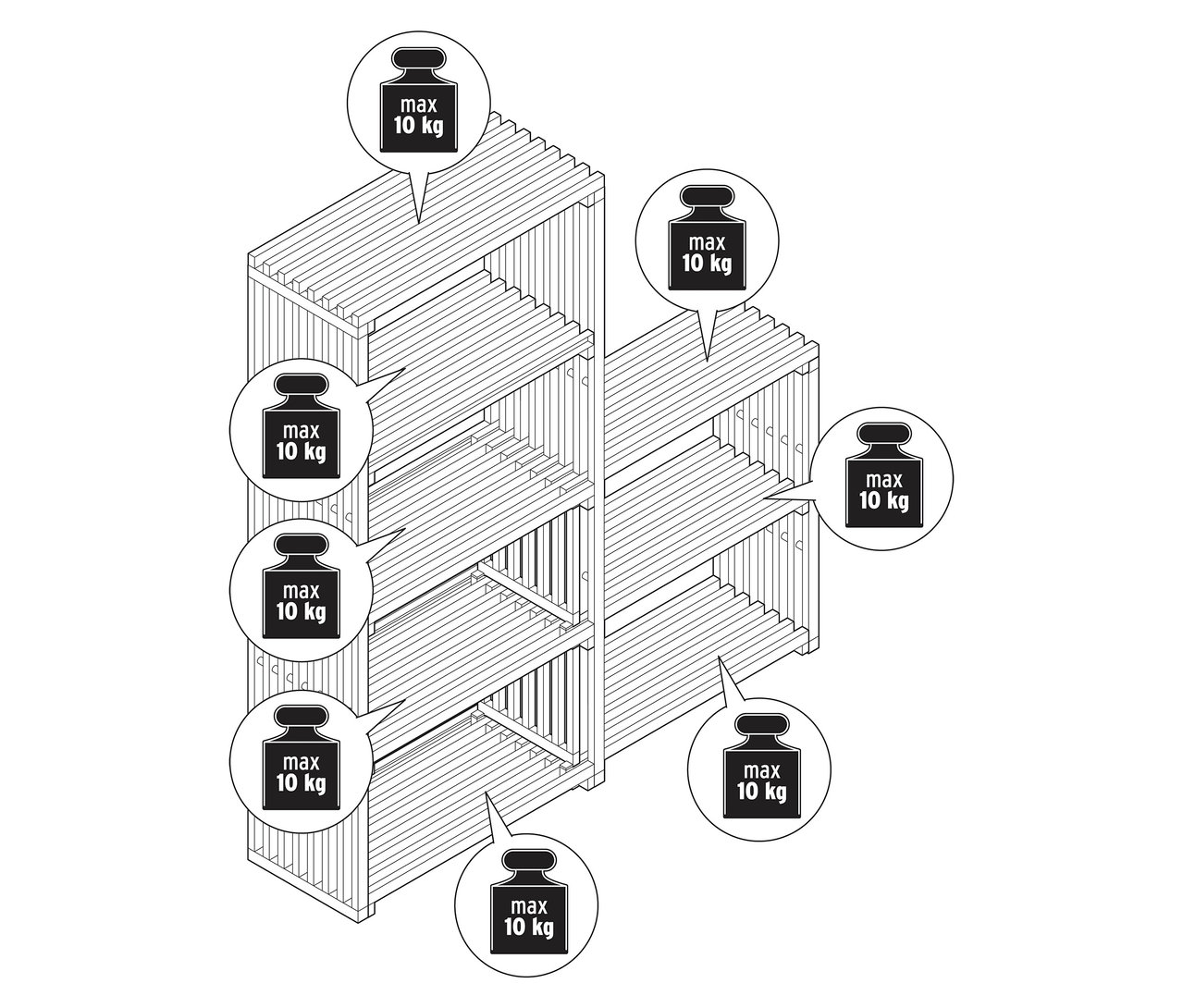 Nákres výsuvného regálu "FLEKSIBEL" s označením hmotnosti.