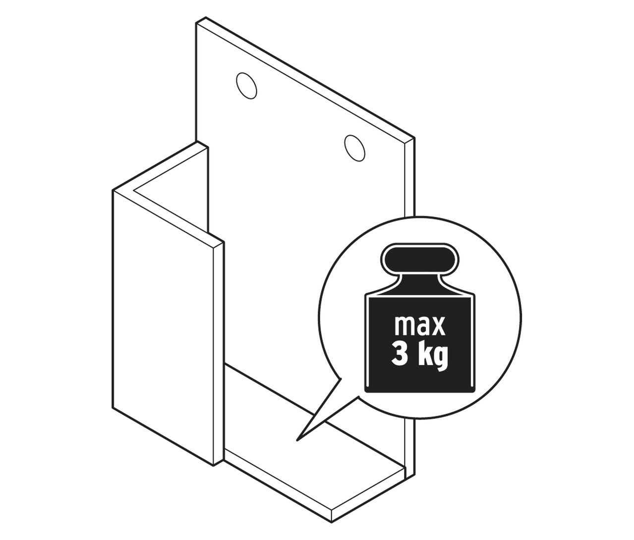 Ilustrácia konzoly police zo súpravy 3 regálov z masívneho dreva s údajom o maximálnej hmotnosti 3 kg.