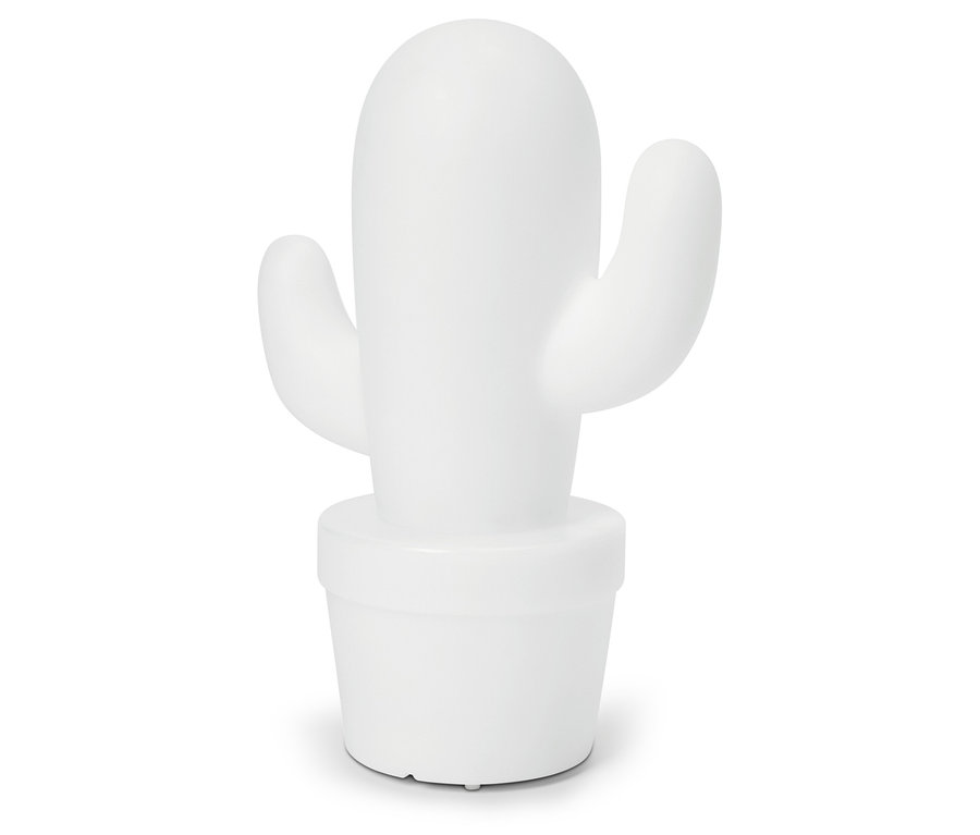Biela lampa v tvare kaktusu v kvetináči na bielom pozadí.