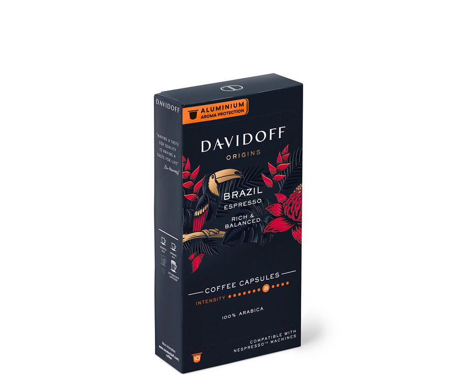 Balenie 10 kapsúl Davidoff Café Origins Brazil s obrázkom tukana.