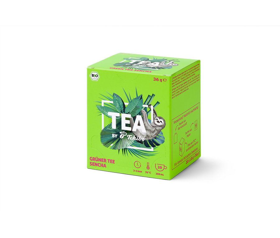 Zelené balenie BIO čaju TEA by Tchibo Sencha s obrázkom leňochoda.