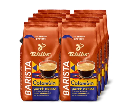 Niekoľko balení zrnkovej kávy Tchibo Barista Colombia Caffè Crema.