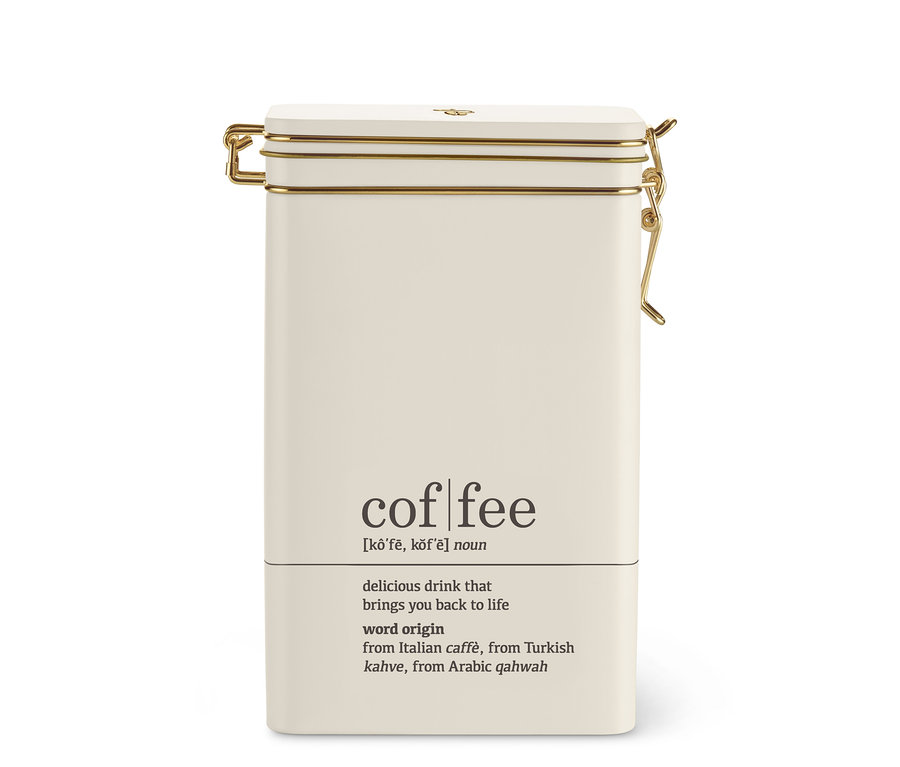 Krémová dóza na kávu s nápisom coffee dictionary a zlatým uzáverom.