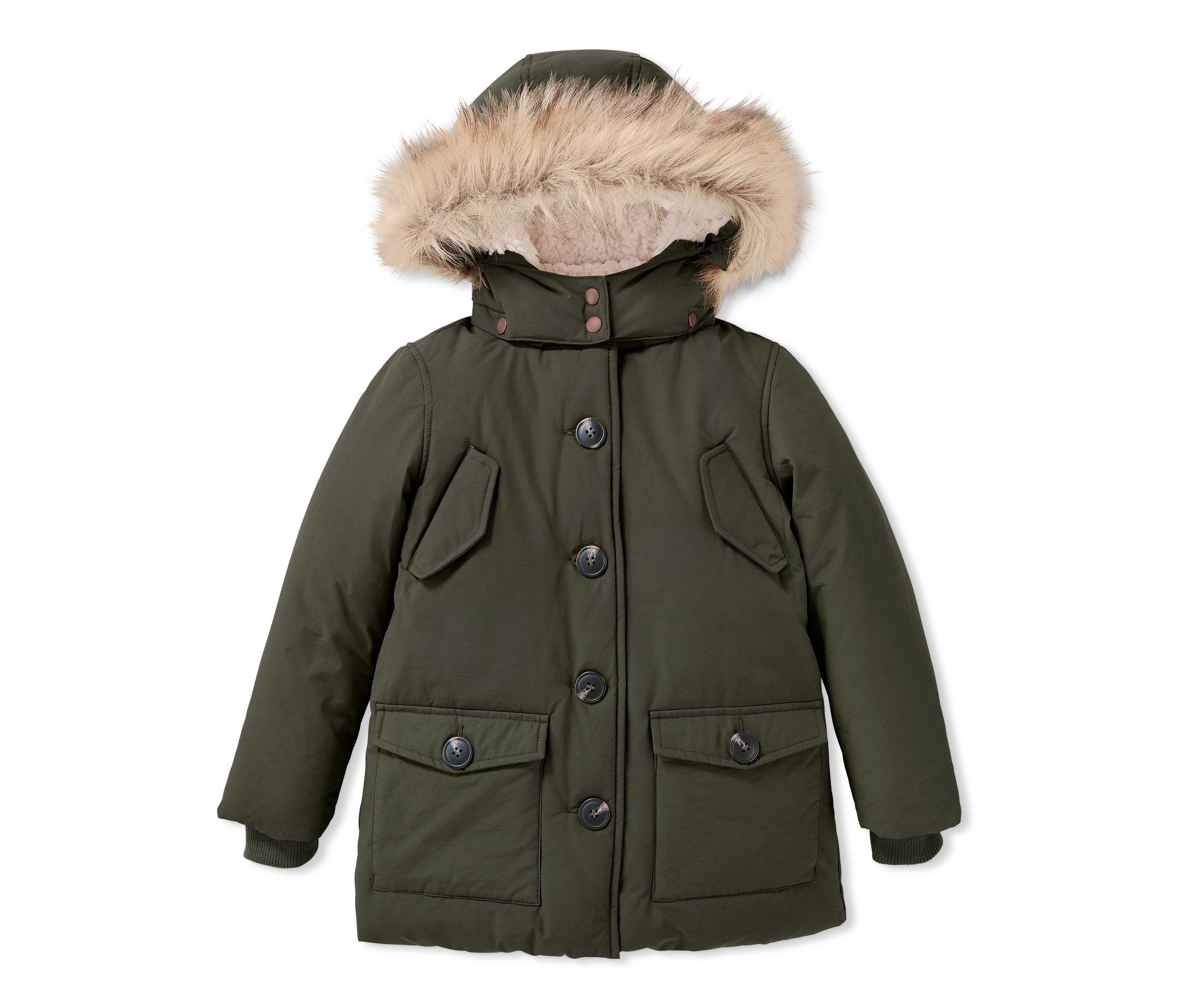 Khaki termoparka s kapucňou s kožušinou a zapínaním na gombíky.