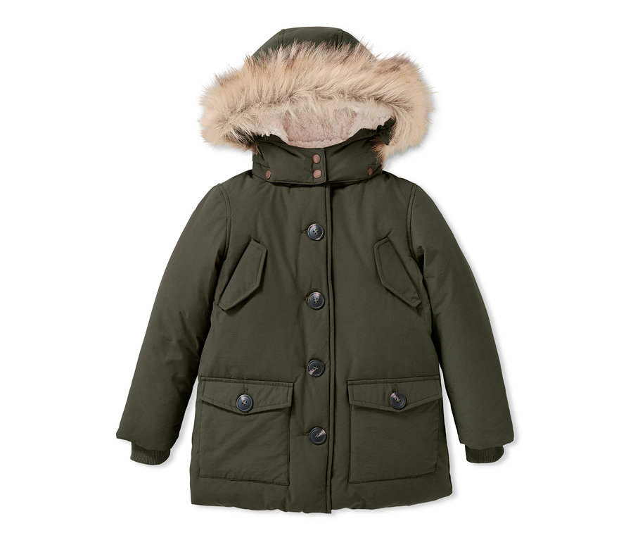 Khaki termoparka s kapucňou s kožušinou a zapínaním na gombíky.