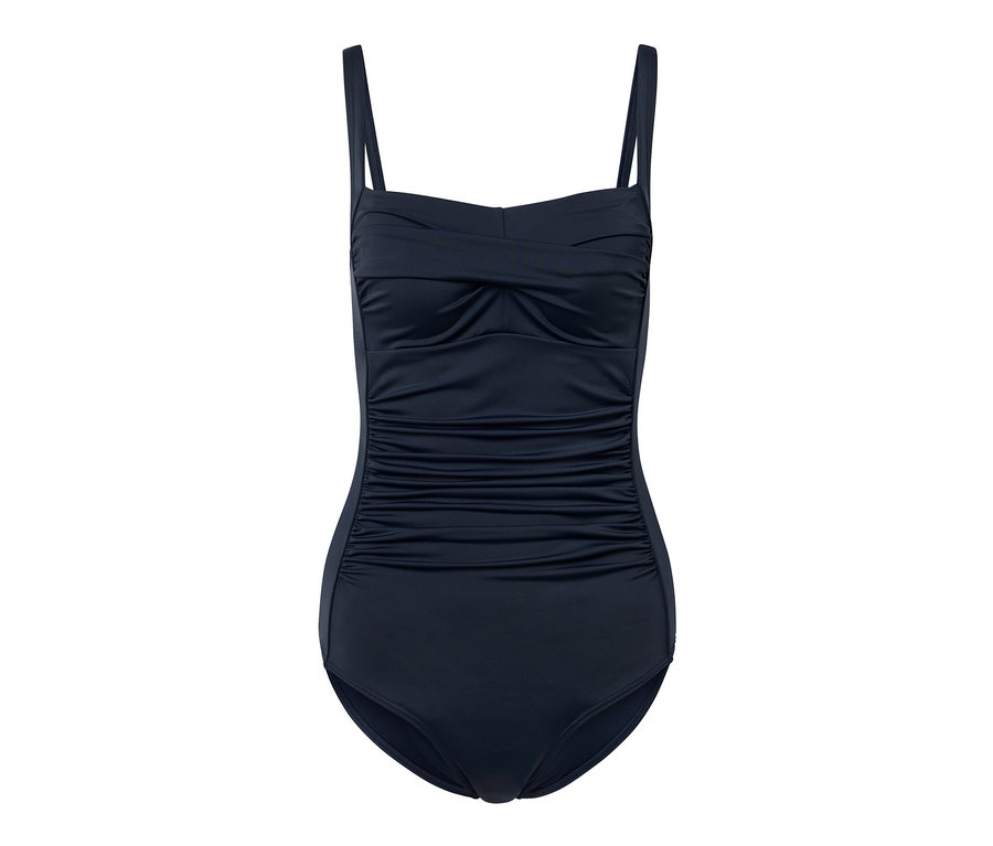 Modré jednodielne plavky tvarujúce postavu na bielom pozadí.