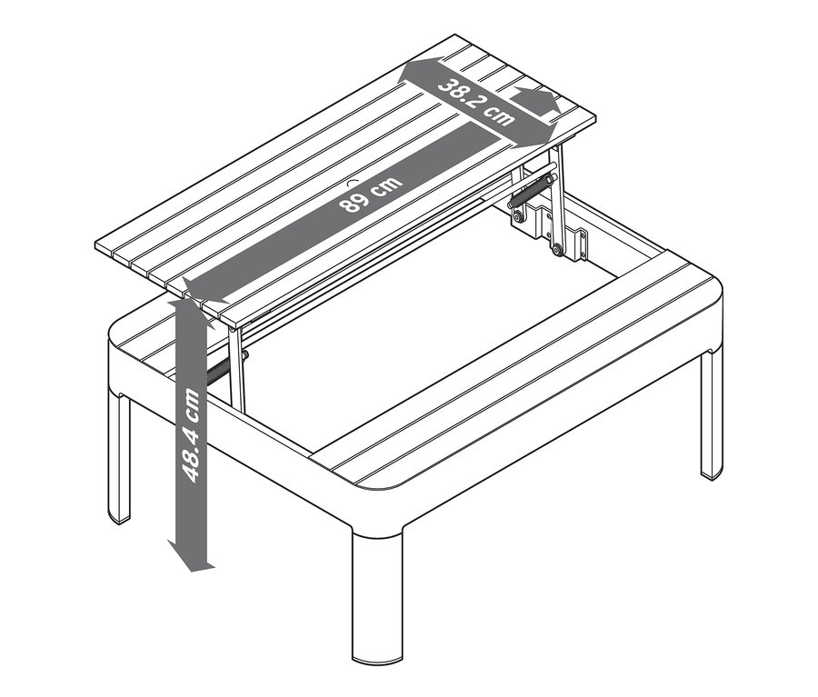 Nákres konferenčného stolíka s nastaviteľnou výškou, rozmery 89 cm x 38,2 cm, výška 48,4 cm.