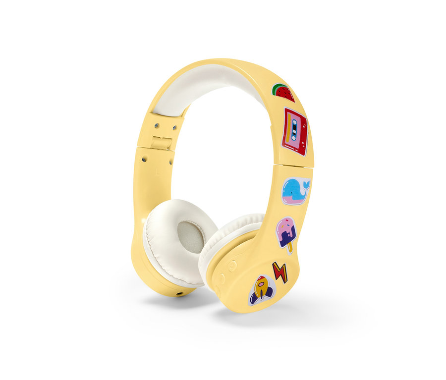 Žlté bezdrôtové slúchadlá s Bluetooth® pre deti s nálepkami.