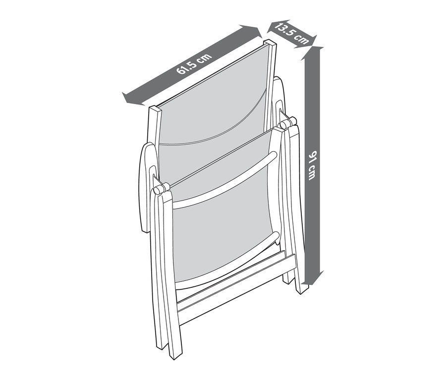 Ilustrácia zloženého záhradného kresla s nastaviteľným vysokým operadlom s rozmermi 61,5 x 13,5 x 91 cm.