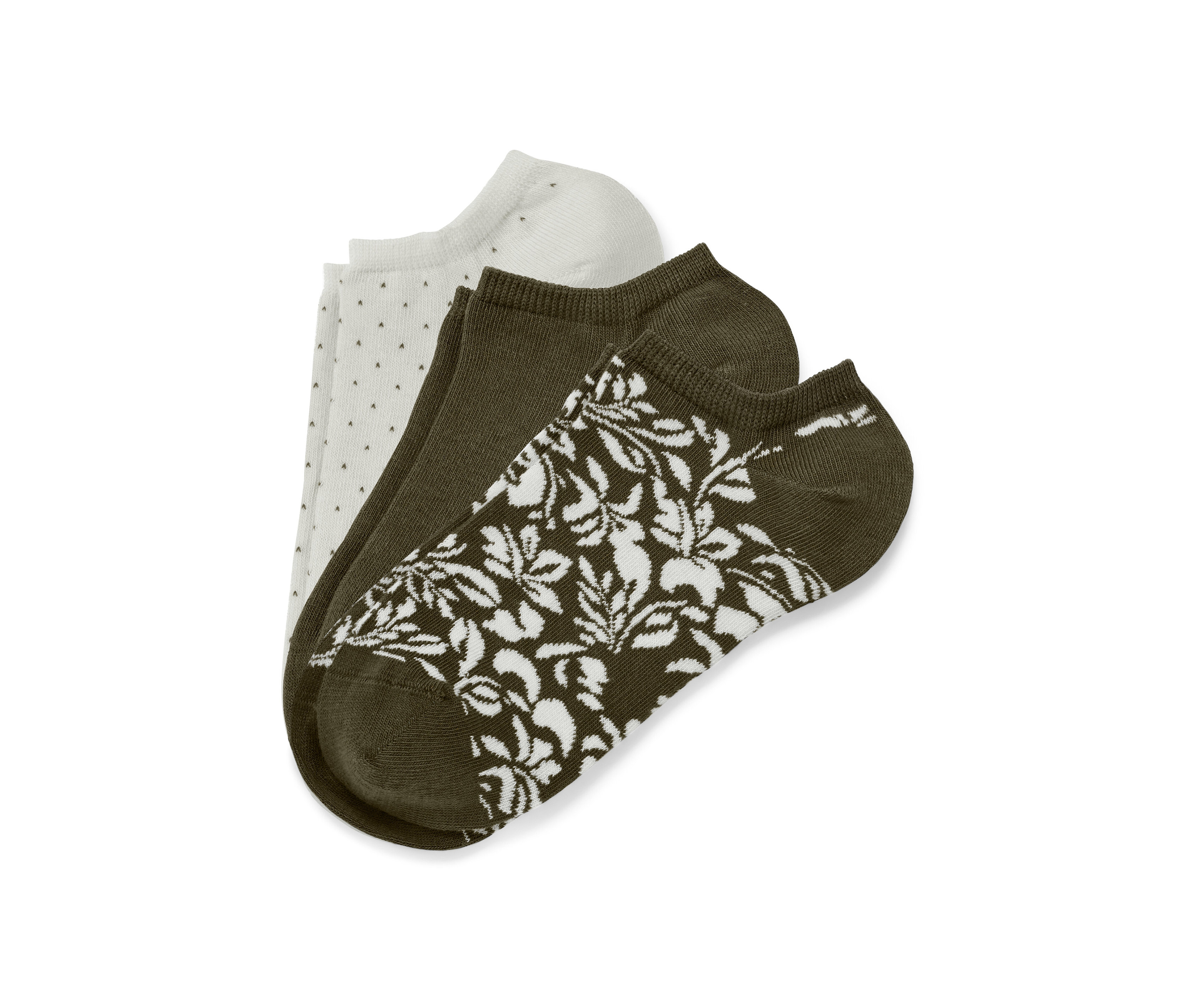 Tri páry krátkych ponožiek: biele s bodkami, olivovozelené a olivovozelené s bielym kvetinovým vzorom.