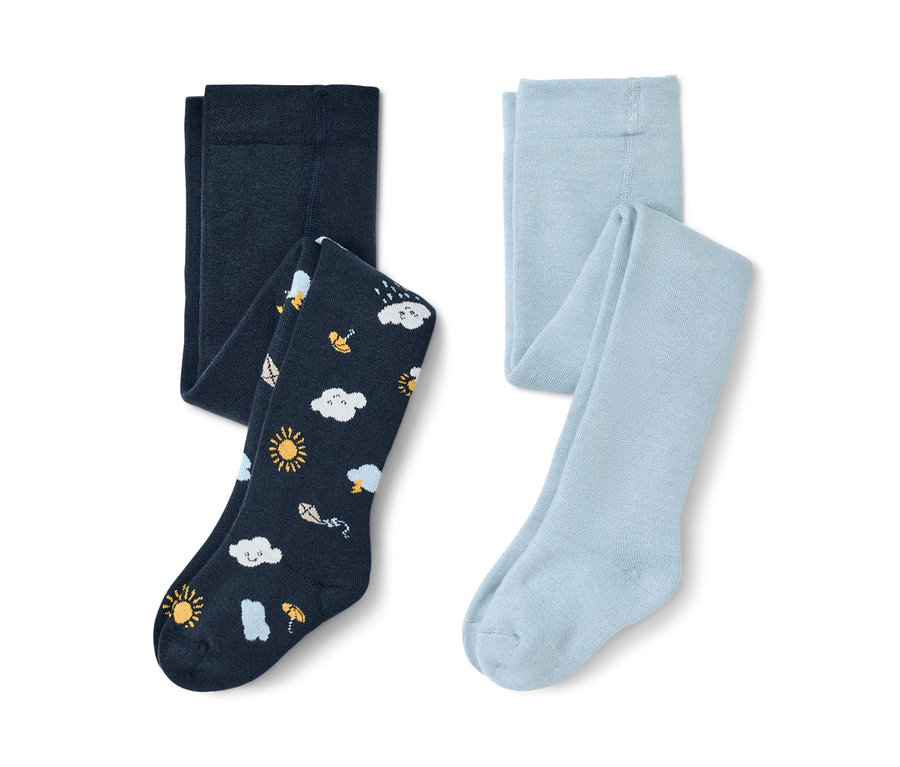 Dvoje detské termopančuchy: jedny tmavomodré s potlačou oblakov, slnka a dažďa, druhé svetlomodré.