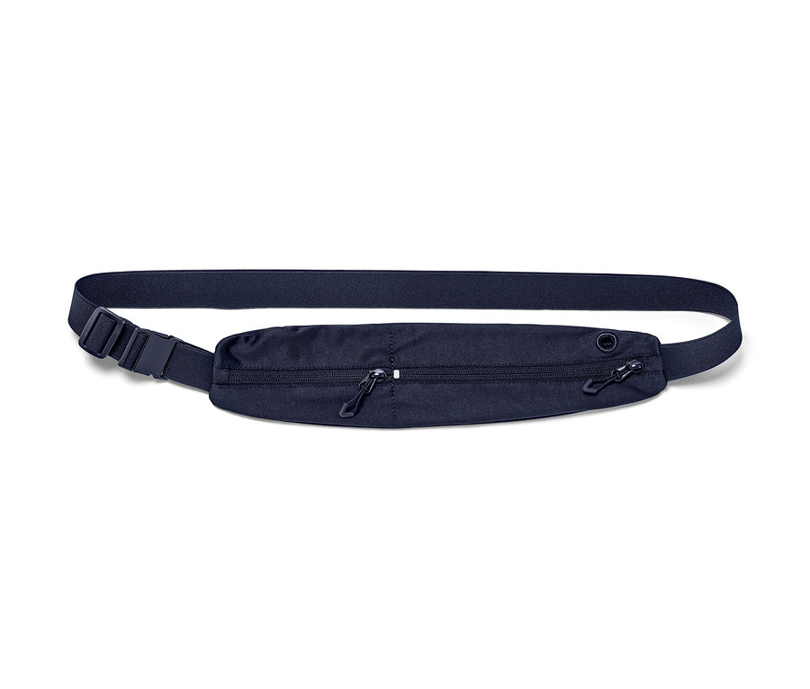 Tmavo modrý športový opasok s nastaviteľným popruhom a dvoma vreckami na zips.