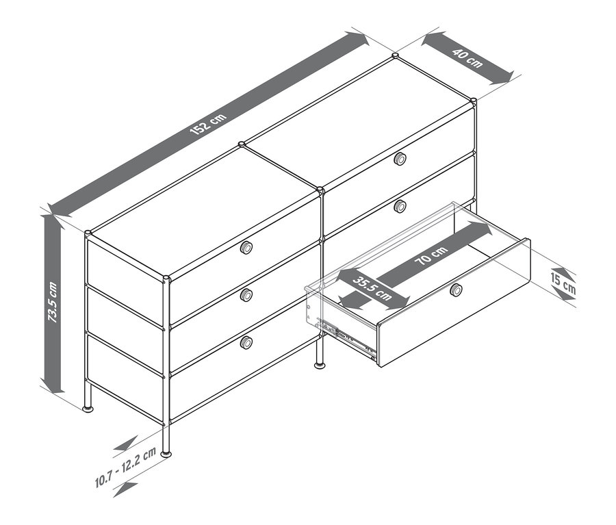 Ilustrácia kovovej komody »CN3« so 6 zásuvkami, jedna zásuvka je otvorená, s rozmermi.