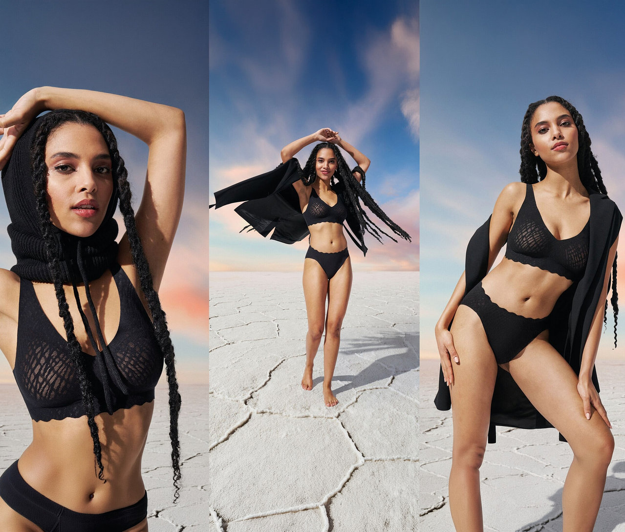 Žena nosí čiernu podprsenku sloggi ZERO Feel Bliss Soft bra na pozadí oblohy.