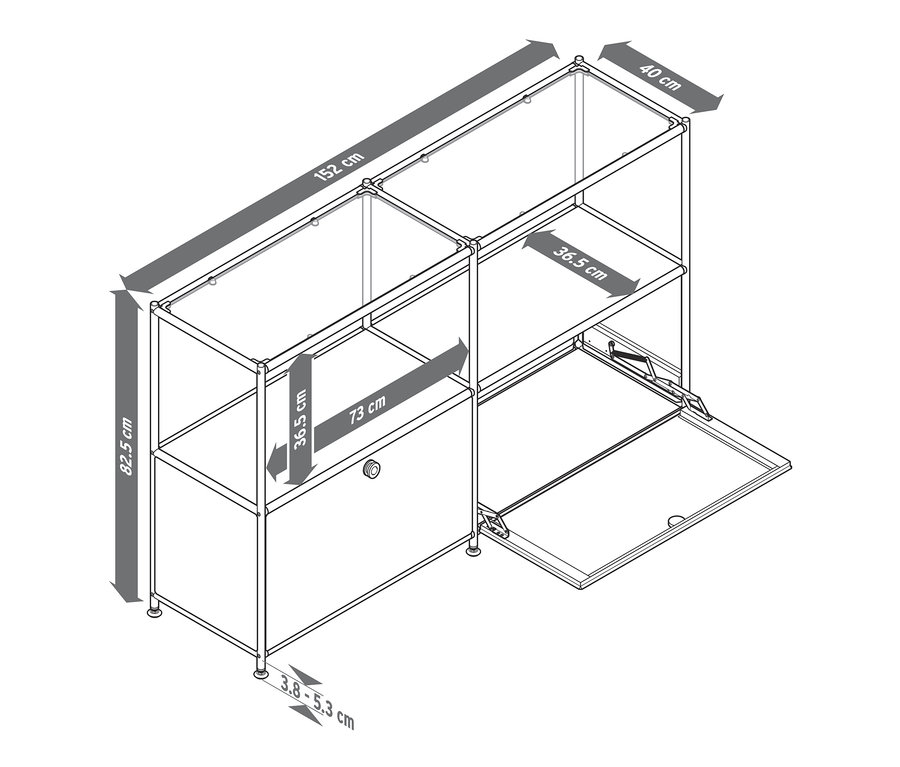 Nákres tmavošedej kovovej odkladacej skrinky »CN3« s 2 výklopnými dvierkami a sklenými poličkami.