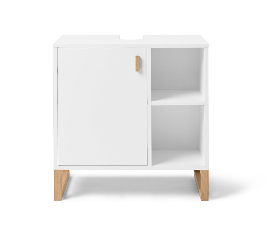 Umývadlová skrinka s dvierkami a poličkou naboku.