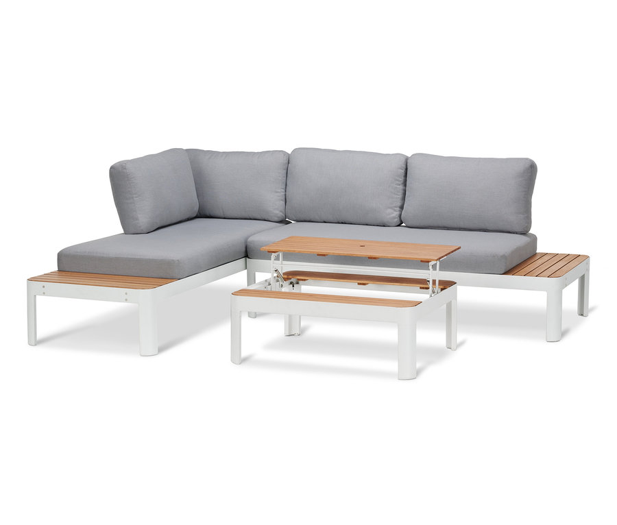 Rohová sedacia súprava so sivými vankúšmi a konferenčný stolík s nastaviteľnou výškou.