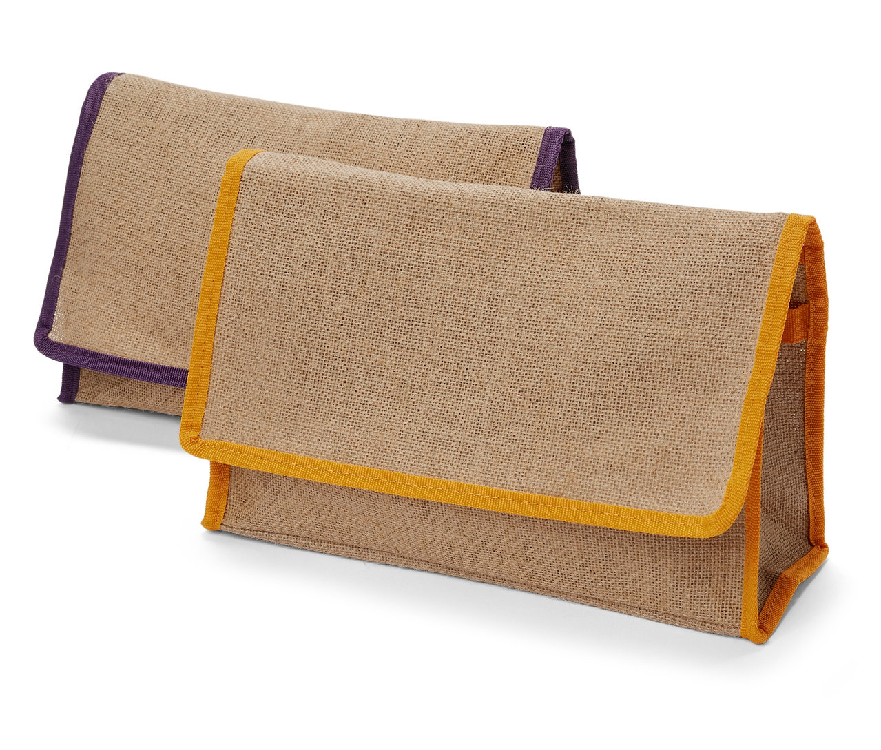 Dve úložné tašky z hrubej tkaniny s farebným lemovaním.