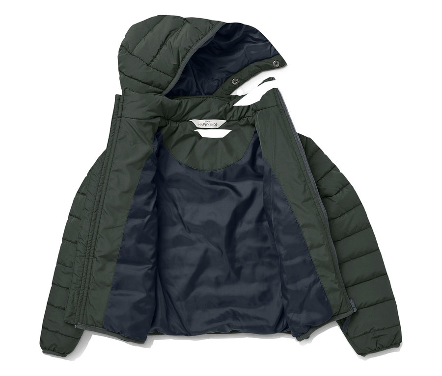 Zelená prešívaná bunda s kapucňou, rozopnutá, vnútro tmavomodré.